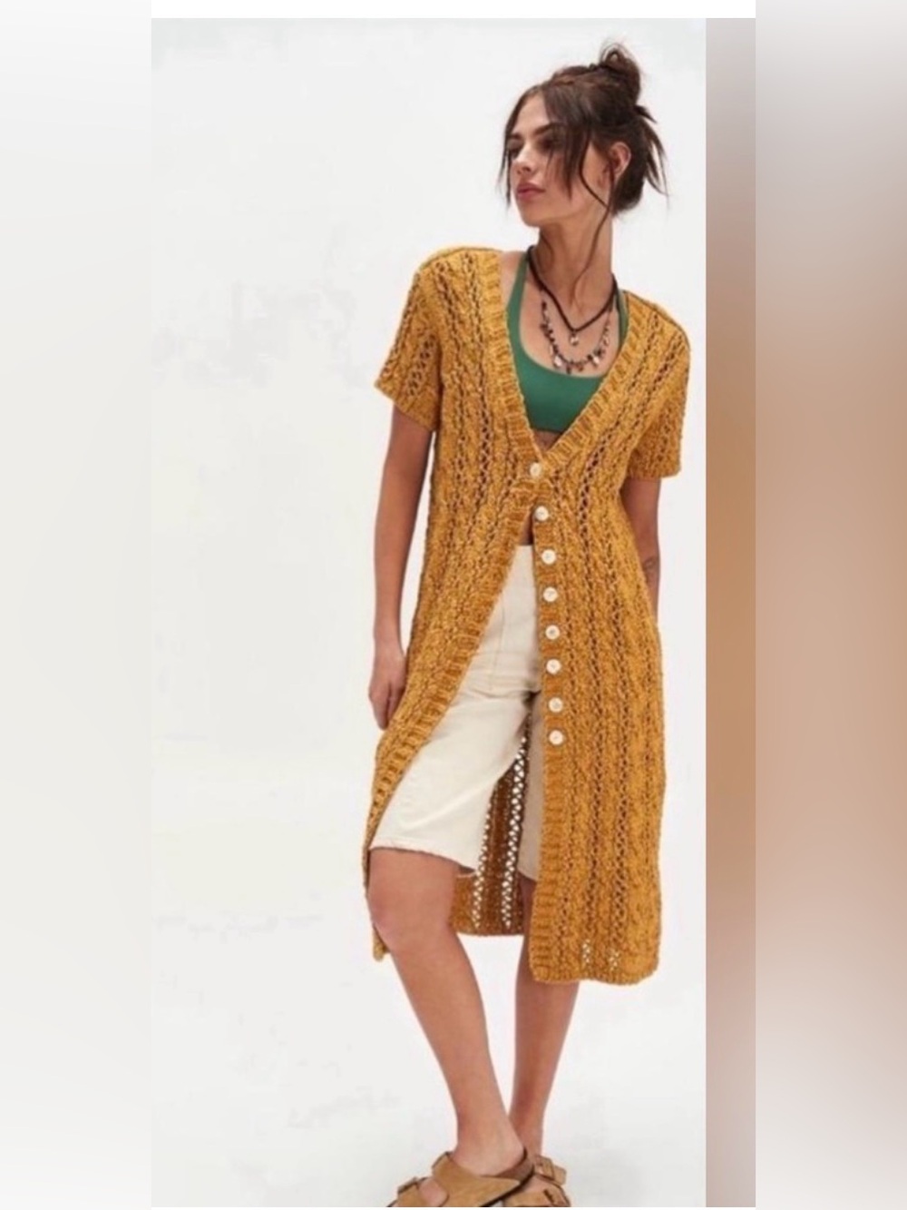 NWOT Free People Luxe Parker Golden Honey Yellow Open Crochet Duster Cardigan L